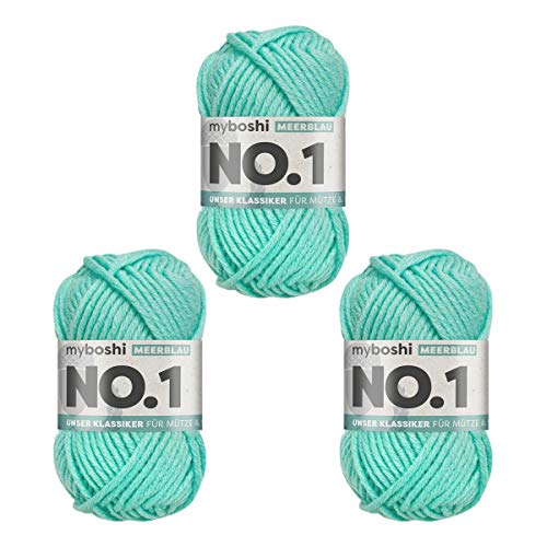 myboshi No.1 Wolle zum Häkeln und Stricken, Schnellstrickgarn, langlebige Mützenwolle, Strickwolle, Häkelwolle, mulesing-frei, 50g, Ll 55m Blau (Meerblau) 3 Knäuel