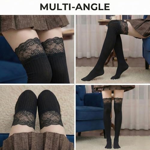 Image of Kraptick Women's Thigh High Stockings with Lace Top Soft Ribbed Stretchable Nylon Stocking, Fashion Hold-Up Stockings for Regular Use & Comfort Fit -2