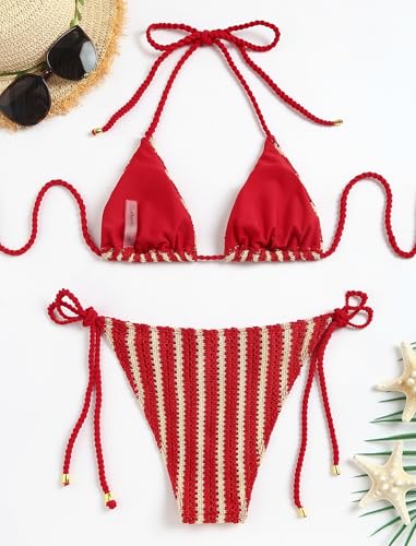 Image of ZAFUL 2 Piece Triangle Bikini for Women Knitted Rope Halter Bikini Sets Sexy Bathing Suit Side Tie Swimsuits Beachwear