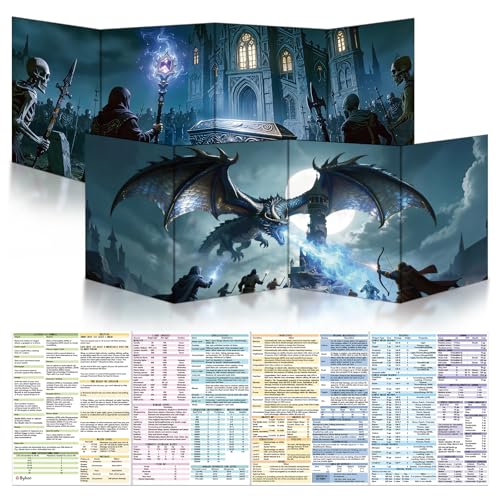 Byhoo DM Screen 2 PCS for D&D 5E DND Accessories - Necromancers Ritual&Siege of the Watchtower Waterproof Reusable Surface with Adjustable Stands Tri-Fold Portable A4 Size Compatible with 5E Rules