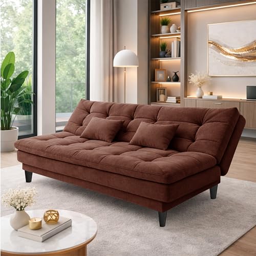 Image of Modern 3 Seater Sofa Cum Bed | Tufted Backrest | Velevt Fabric Upholstery | Living Room Furniture-Brown