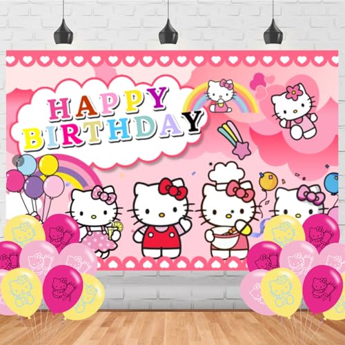 Image of Kitty Cat Birthday Party Backdrop, Cartoon Kitty Birthday Party Decoration,Cartoon Banner Shoot Photo Backgrounds Props for Party 5x3ft