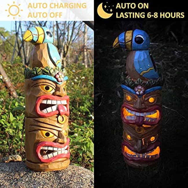 Tiki Totem Pole-Solar Tiki Statue Head Decor - 12.32 inch Tall Tiki Decorations for Tiki Bar Outdoor Patio Balcony Yard Backyard