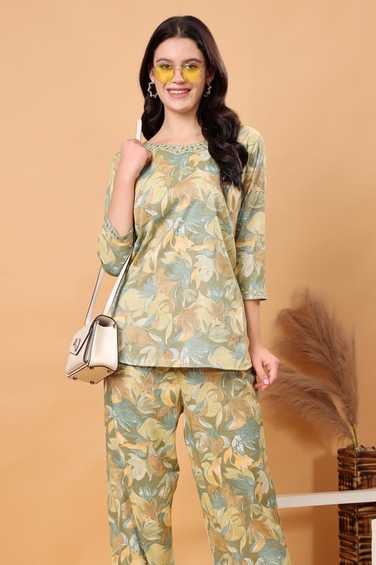Image of London Hills Women Printed Kurta with Pant Salwar Suit Set || Plazo Kurti Cotton Set
