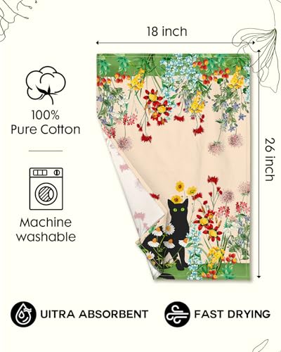 Image of Miss Adola 150GSM Flour Sack Kitchen Towels Set of 2, Flower Cats | 18 inchx26 inch, Lightweight, Lint-Free, Pure Cotton, Decorative, with Hanging Loop, Absorbent, Softer after Wash, Giftable Package