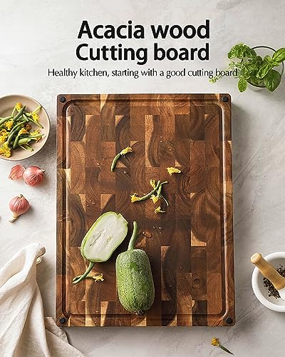 XINZUO Large Thick End Grain Acacia Wood Cutting Board- (19''L x 14''W x 1.5''T) Reversible Wooden Chopping Board with Non-Slip Feet, Built-in Handles and Juice Groove- Butcher Block Cutting Board - Image 5