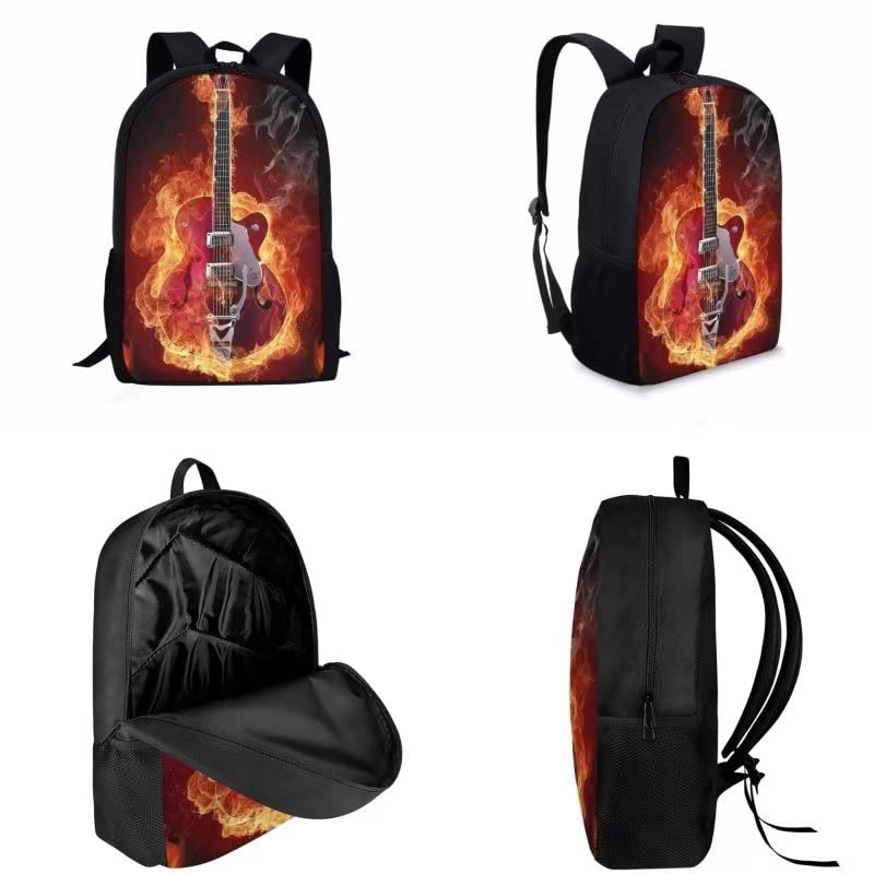 AmzPrint 3 In 1 Flame Fire Guitar Backpack And Lunch Bag Set For Girls Elementary 17 Inch Childrens School Backpacks Black4