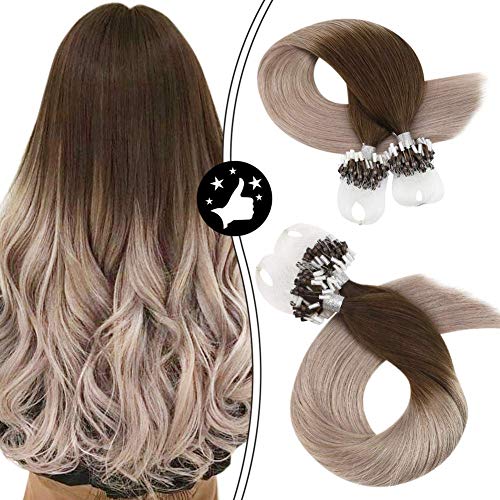 Moresoo Micro Loop Hair Extensions 16 Inch Real Hair Microlink Hair Extensions Ombre Color #4 Dark Brown Ombre to #18 Ash Blonde Micro Beads Hair Extensions 100% Human Hair 50g/50s