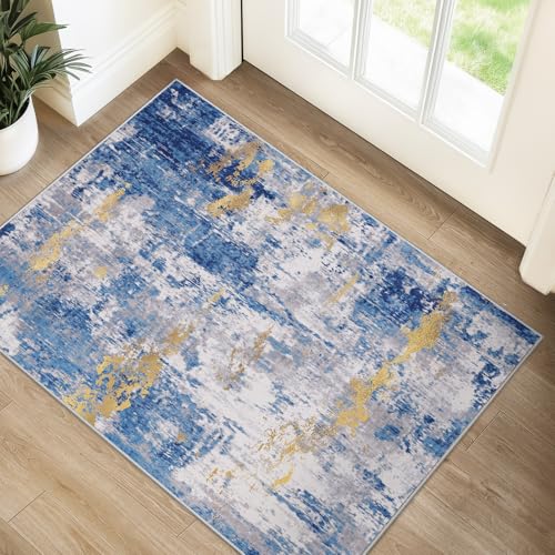 RELEANY Washable 2'x3' Abstract Area Rug for Living Room Blue Gold