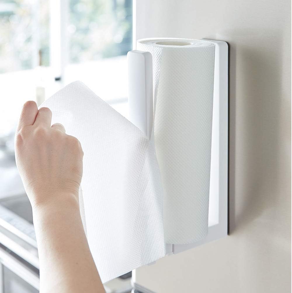 Yamazaki 3398 Magnetic Kitchen Paper Holder with Stopper, White, Approx. W 2.0 x D 4.0-6.9 x H 9.6 inches (5 x 10.2-17.5 x 24.5 cm), Tower - Can be Cut with one Hand