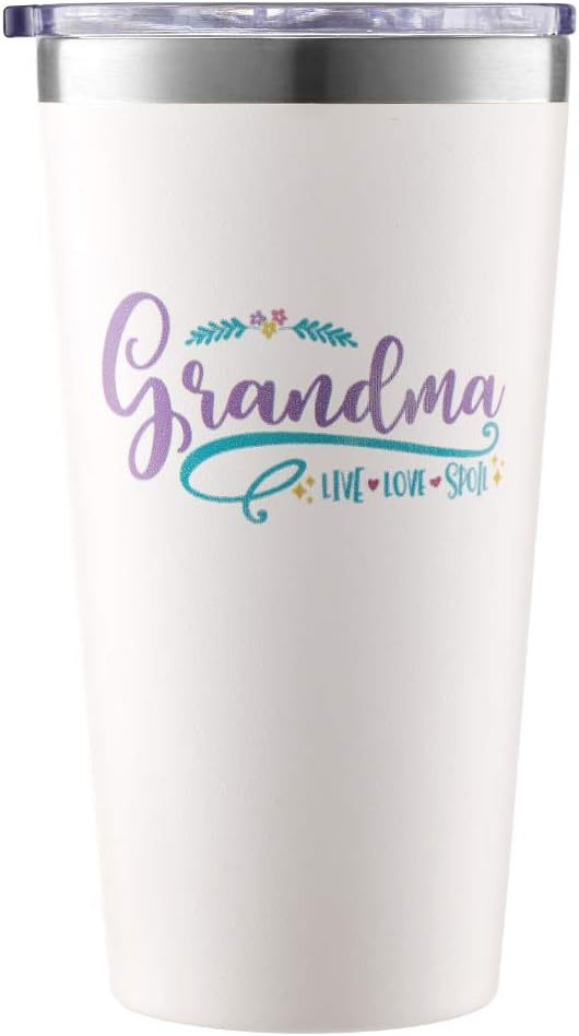 Nеw Prоduсt Grandma Live Love Spoil Stainless Steel Vacuum-Insulated Tumbler, Mug with Lid for Coffee, Tea, Wine, Water; Best Travel Cup Gift for Mom, Nana; Cute for Birthdays, Mother’s Day; 16 oz. White