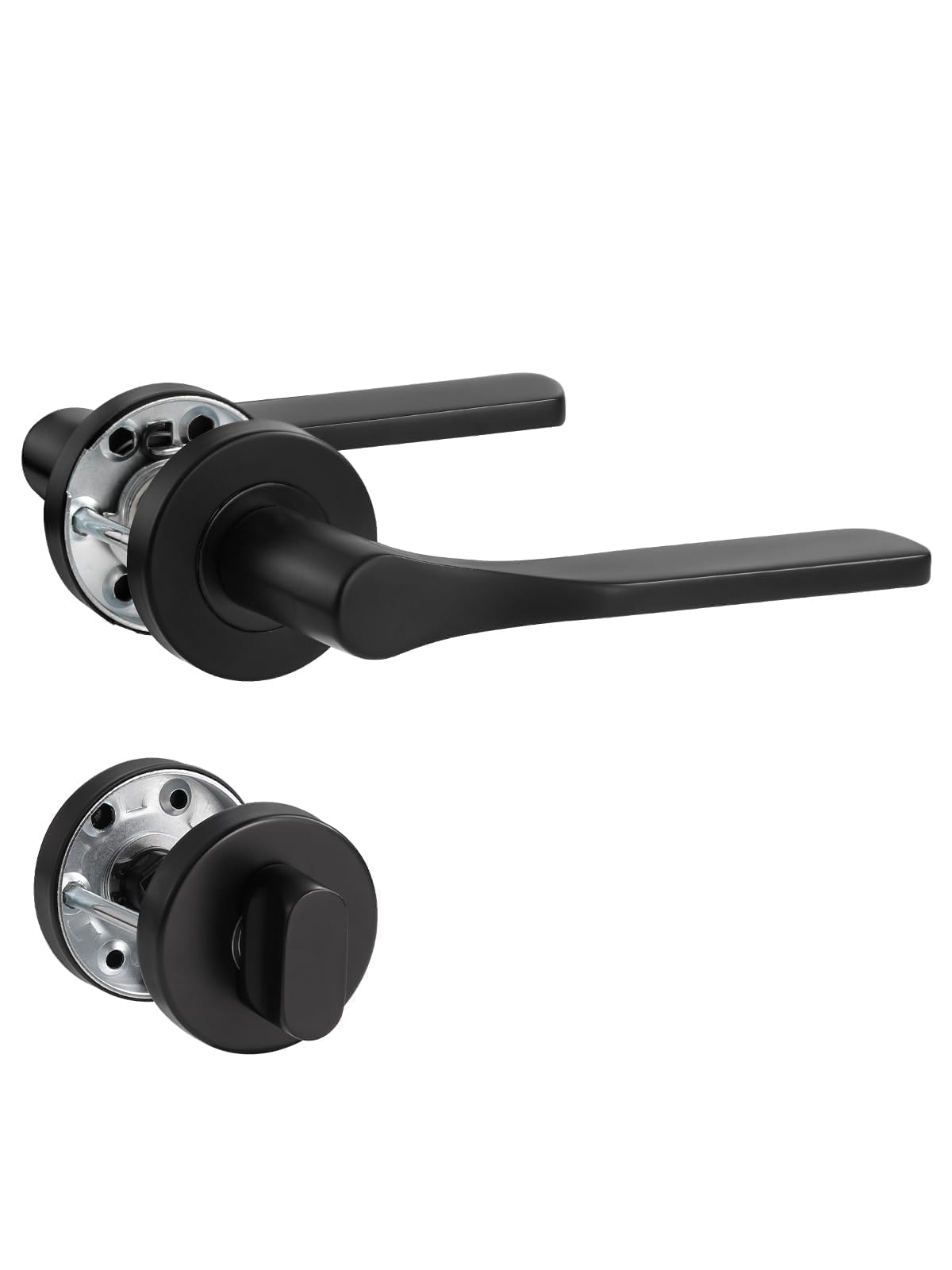 SORWDUERM Black Door Handle Set, Matte Brushed Stainless Steel, L Shape Round Rosette PZ Profile Cylinder for Front & Interior Doors