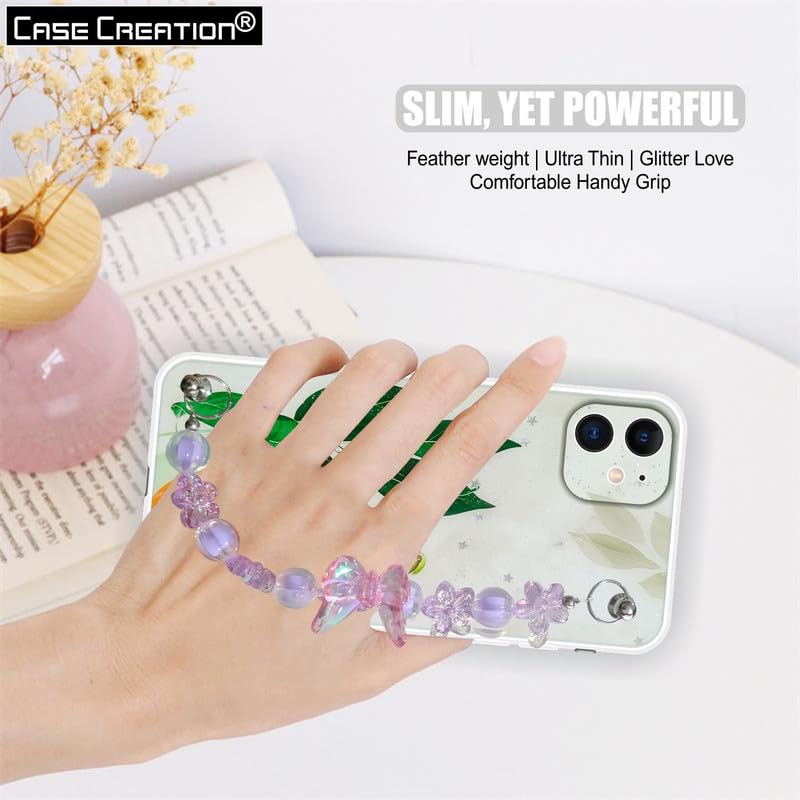 Image of COVERLY for iPhone 12 Pro Fashion Wrist Bracelet Chain Case,Green Flowers Cute Abstract Butterfly Sling Strap Sparkle Love Hearts Hanging Girlish Silicon Aesthetic Back Cover for Apple iPhone 12 Pro