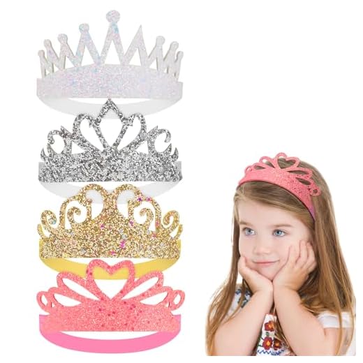 4 tiaras de cabelo com glitter para meninas, com coroa de princesa, elásticas, faixas de cabelo brilhantes para meninas