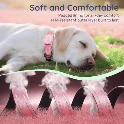 Airtag Dog Collar, Reflective Ultra-Durable Nylon Padded with QR Code Buckle & IP68 Waterproof Air Tag Holder Compatible for Apple AirTag, Comfortable for Small Medium Large Dogs(Pink,L) - Image 7