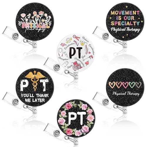 Hoteam 6 Pcs Physical Therapist Badge Reel Retractable with Alligator Clip Badge Holders for Healthcare Badge Reel Clip for Doctor Nurse Physical Therapist Assistant PT Appreciation Gifts