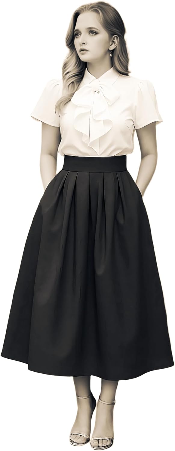 Women's Fashion High Waist A-Line Knee Length Taffeta Skirts with Pockets
