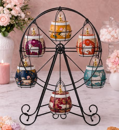 Image of Pichwai kamdhenu Cow Print Metal Jars ferris wheels for Dry Fruits as Festive Diwali Gift, Wedding Return Gift, baby shower, Housewarming Hamper Container and Table Decor