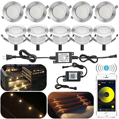 INDARUN Warm White Recessed LED Deck Light Kit 10 Pack, Bluetooth Outdoor Decking Lights Φ1.77" 12V Low Voltage IP67 Waterproof In Ground Landscape Lighting for Garden Stair Step Pathway Decoration