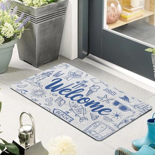 Evcprz Beach Door Mat, Blue Coastal Welcome Mats for Front Door, Retro Tropical Seaside Beachy Nautical Doormat for Porch Outdoor Indoor Entrance, Ocean Bath Rug for Bathroom, 17x30 Inch - Image 6