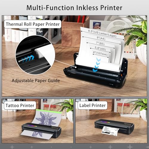 Image of Portable Thermal Wireless Printers for Home Use, Inkless-Bluetooth-Printer Support for 8.5 inchx11 inch US Letter & A4 Size Thermal Paper Compatible with iOS, Android & Laptop for Tattoo,Travel,Office,Black
