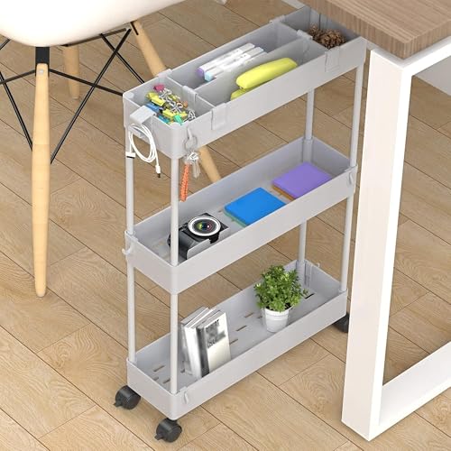 Image of SPACELEAD 2-piece Set Slim Storage Cart 3 Tier,Bathroom Organizer Rolling Utility,Mobile Shelving Unit Slide Out for Office, Kitchen, Laundry Room & Narrow Places