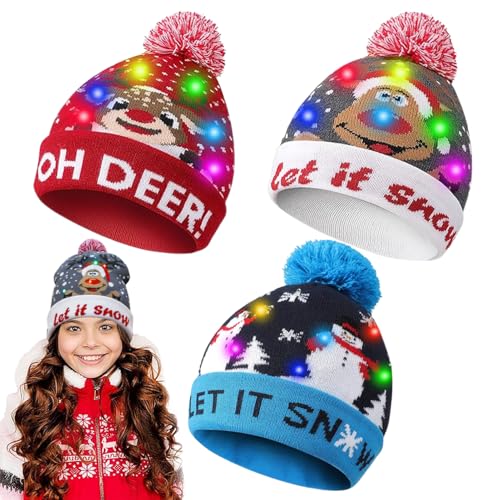 JEONDFG 3 Stück Weihnachtsmütze mit LED-lichtern für...