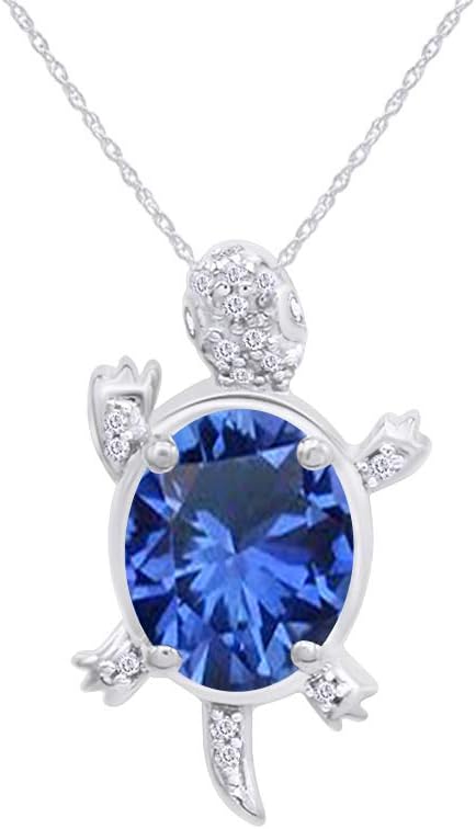 Sea Turtle Pendant Necklace, 14K White Gold Over Sterling Silver, Oval & Round Cut Simulated Birthstone & White Cubic Zirconia, 18" Chain, Ocean Jewelry Gift for Women