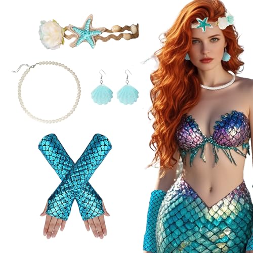 Lufdegim 4 peças de fantasia de sereia para mulher, acessório de cabelo, estrela do mar, bandana, luvas, corrente de pérolas, acessórios para mulher, para carnaval, cosplay, fantasia