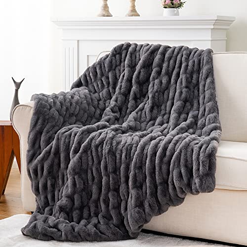 Luxury Concepts Soft Faux Rabbit Fur Throw Blanket - 50" x 60", Elegant Ruched Design Blanket, Machine Washable and Wrinkle Resistant, Lightweight Dark Grey Throw Blanket for Couch, Sofa and Bed