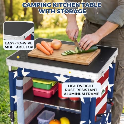 EAGLE PEAK Mesa Plegable de Camping Exterior con Gran Organizador de 3 Niveles y Bolsillos Laterales, Cocina Portátil de Aluminio, Bandera Americana miniatura 3
