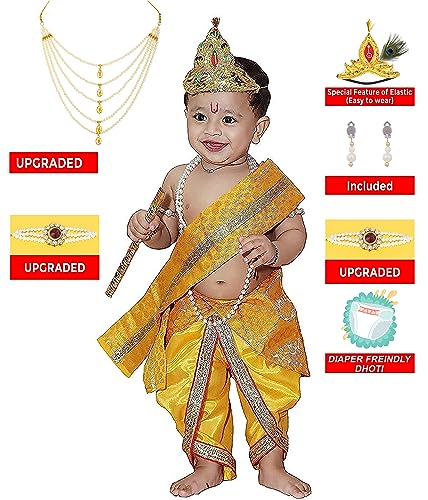 Image of Raj Fancy Dresses Shri Krishna Dress for Baby Boy & Girl, Janmashtmi Dress with Diaper-friendly Dhoti & Dupatta, Mor Pankh Mukut,RFD-BKP- 4, 3-Months