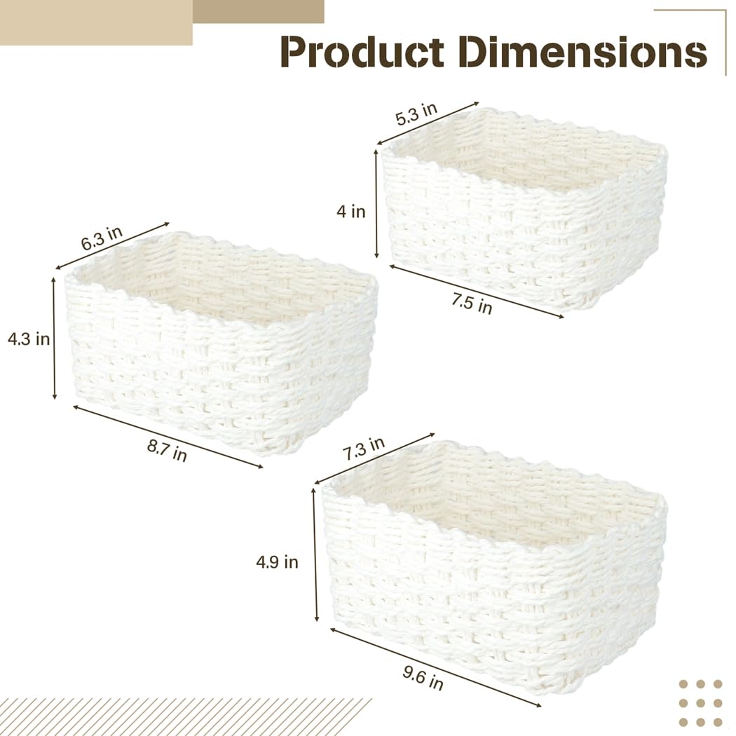 3 cestas tejidas de cuerda de papel blanco, organizador apilable para el hogar con forma rectangular