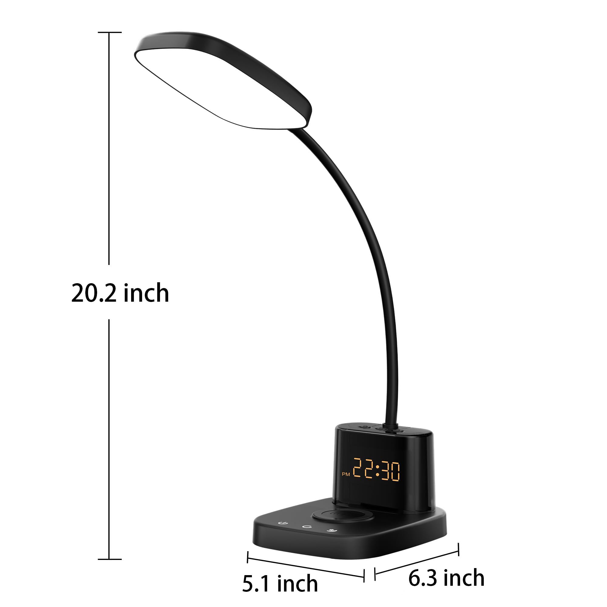 Schreibtischlampe, Nachttischlampen mit kabellosem Ladegerät und Uhr, 30 Minuten automatische Abschaltung, Nachtlichtlampe, 3 Farbmodi, dimmbar, Touch, 800 lm, CRI 95, LED-Schreibtischlampen