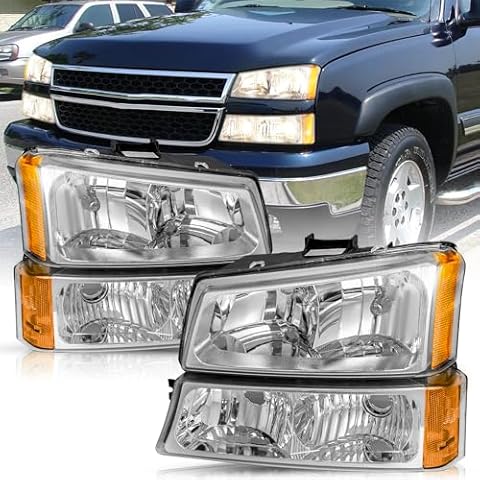 TUSDAR 4 PCS Fits for 2003-2006 Chevy Silverado Avalanche Headlights Assembly Pair Set No Fogging OE Factory Style Chrome Housing & Amber Reflector Cover