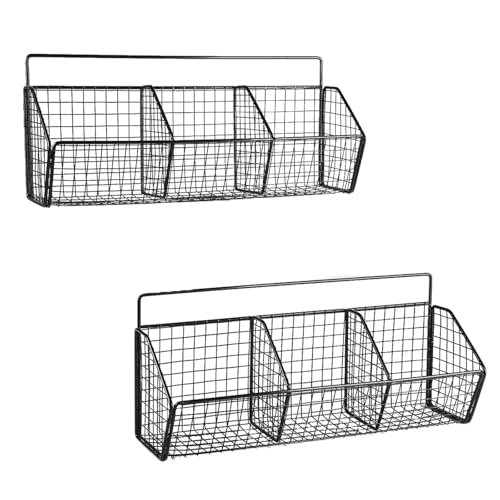 Gzsekken Wall-Mounted Hanging Kitchen Storage Baskets,Metal Storage Baskets with 3 Sections Wire Basket Kitchen No Drilling Adhesive Storage Basket Organiser Rack for Shower Cabinet Door,Black-2 Pack