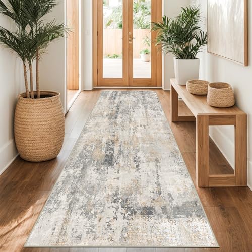 Capslpad Gris doré - Tapis abstrait 80x300cm - Tapis pour couloir, lavable - Tapis de cuisine antidérapant - Tapis à poils courts modernes et minimalistes...