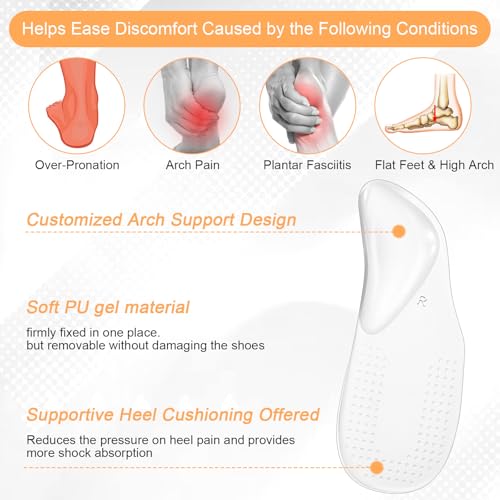 Image of 2 Pairs Arch Support Shoe Inserts Plantar Fasciitis Relief Self-Adhesive Arch Pads Heel Cushion Flats Heel Pain Gel Arch Insoles for Men and Women