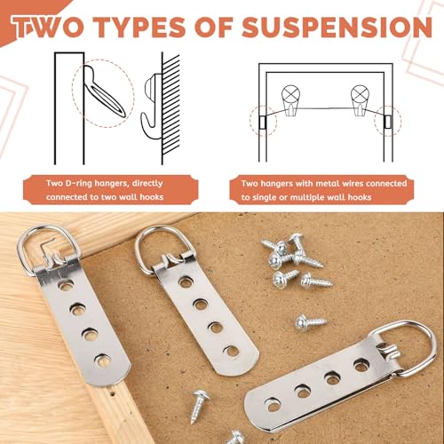 Image of 20 Pack D Ring Picture Hangers with Screws, Heavy Duty 4 Holes Picture Hanging Hardware Picture Hooks for Painting Clock Mirror Photo Artwork Picture Frame with Box