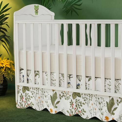 Image of Brandream Scallop Edge Cotton Crib Skirt Toddler Bedskirt Baby Nursery Crib Bed Skirt Boho Bohemian Neutral Vintage Sage Green Botanical Floral Farmhouse Chic Boho Bohemian Skirt