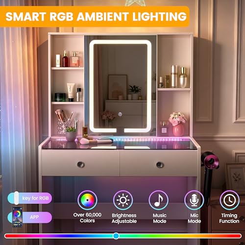 Image of Makeup Vanity Desk with LED Mirror & RGB Lights, White Modern Bedroom Vanity Set Glass Top Vanity Table for Women, Adjustable Brightness & 3 Color Modes, 2 Drawers Storage