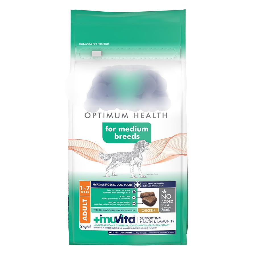 Optimum Health Medium Breed Adult Dry Dog Food Chicken Source Of Easily Digestible Protein Hypoallergenic Recipes - With No Added Wheat Or Wheat Gluten 2kg