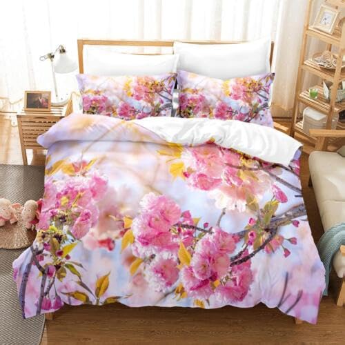 Housse de couette 140x200 fleurs de cerisier 110g/m² avec 2 taies d'oreiller