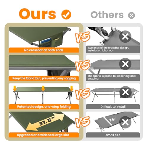 Image of Join Nature Oversized Camping Cot for Adults - Non-Assemble Folding Camping Bed Extra Wide for Outdoor, Support up to 6.9ft or 450lbs, with Storager Bag, 82 inch L x 32 inch W(Green)