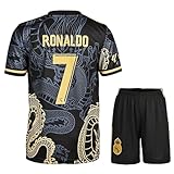 Mikalay Madrid Ronaldo #7 Retro Black Dragon Limitierte Sonderedition Seltenes Fußball Kinder Trikot Shorts Set Jugendgrößen (Schwarz,152)