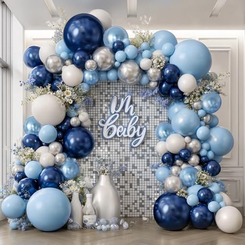 Zesliwy Blue White Silver Balloons Arch Kit Navy Dark Pearl Blue Metallic Light Blue Balloon Garland with Metallic Silver White Balloon for Birthday Graduation Wedding Party Decorations