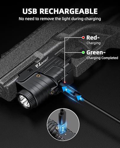 Image of EZshoot 800 Lumens Pistol Light Laser Combo Rechargeable, Pistol Flashlight with Slidable Rail Compatible with GL and Picatinny Rail, Gun Light with Blue Laser Beam