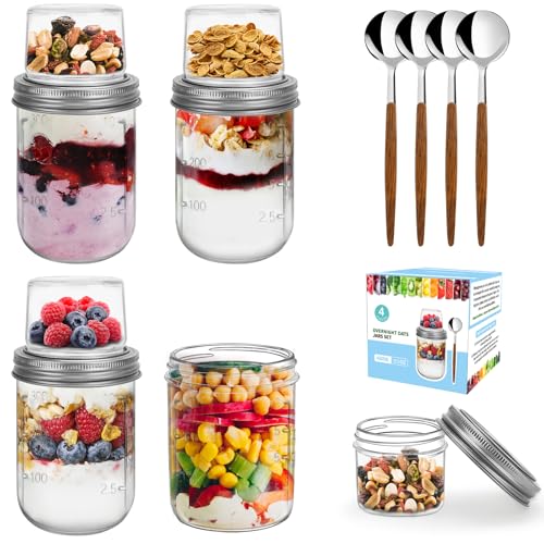 4 Pack Overnight Oats Containers with Lids and Spoons, Dual-Layer Chia Pudding Jars with Dry/Wet Separation,Yogurt Parfait Cups, 16 oz+4oz Glass Mason Salad Jars with Lids for Breakfast Oatmeal Cereal