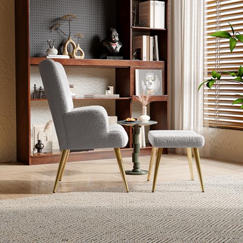 Sessel mit Hocker, Ohrensessel mit Hoher Rückenlehne, Fernsehsessel Armlehnensessel Polstersessel Relaxsessel, Schlafzimmer Lounge Sessel Lesesessel Lammwolle, Hellgrau – Bild 5