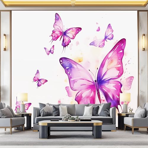 Papel tapiz Fantasía de acuarela de mariposa Murales Papel Pintado Moderna Decoración 200 x 140 cm Lana Decoración De Pared Sala Cuarto Color cálido rosa púrpura